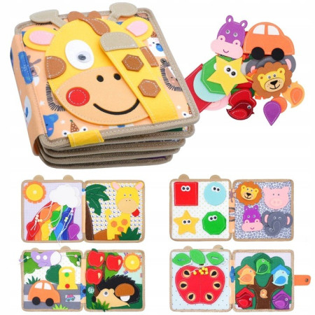 Carte Senzoriala Educativa Montessori 7in1, Cyrax, Dezvoltare Abilitati Motorii, 8 Pagini, 3D, cu Elemente Detasabile, Model Girafa, 21x21x8 cm, Maro