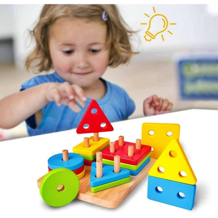 Jucarie Educativa Cyrax, Tip Montessori, din Lemn, + 36 Luni, Forme Geometrice, 16 Piese, 12 x 12 cm, Multicolor