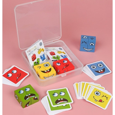 Jucarie Pentru Copii Montessori Cyrax, Cub din Lemn, Asamblare Fete, 64 de Carti Distractive, pentru Baieti si Fete, Varsta +3 ani, Educativ, Ambalaj din plastic, 12 x 12 x 3 cm, multicolor