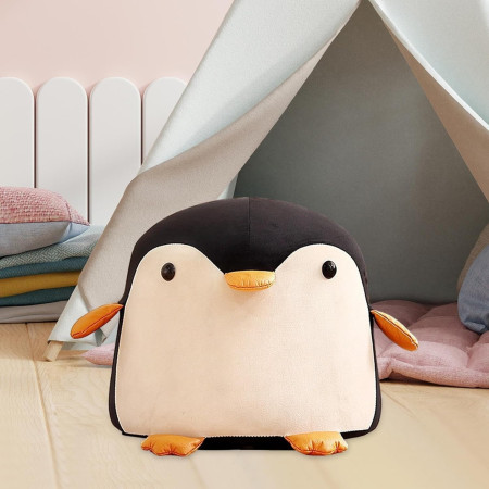 Taburet Pentru Copii, Cyrax, Cadru din Lemn Masiv, 25 x 29 x 29 cm, Perna de Burete Elastica si Maner de Transport, in Forma de Pinguin, Negru