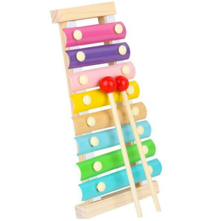 Instrument Muzical Xilofon Cyrax, din Lemn, 8 Note Muzicale, 2 Bete de Percutie, 4-6 Ani, Multicolor Pastel