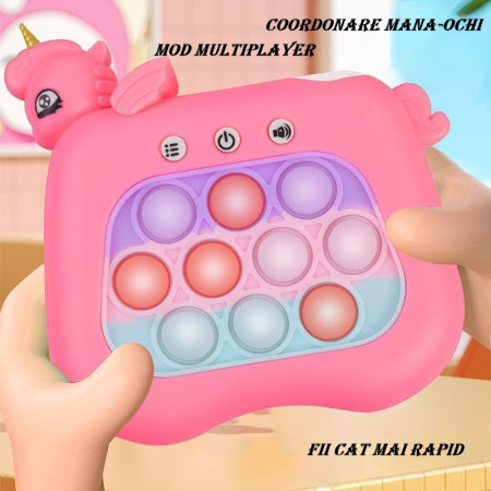 Jucarie Interactiva Tip Consola pentru Copii, Cyrax, Diferite Moduri de Joc, 120 Nivele, Material ABS/silicon, Sunete si Lumini, 13.5 x 5.5 x 12.5 cm, Model Unicorn, Fucsia