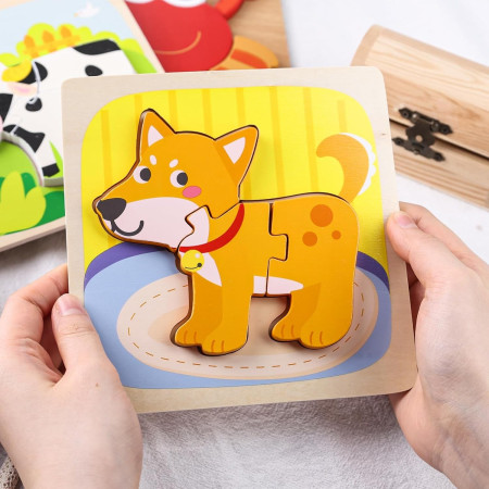 Puzzle Montessori din Lemn pentru Copii, Cyrax, 3D, 0-3 Ani, Model Catel, Educativ, Intuitiv, Creativ, 3 Piese, 15x15x0.5 cm, Multicolor