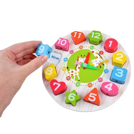 Jucarie Educativa Cyrax, Tip Montessori, Model Ceas Girafa, din Lemn, + 36 Luni, 12 Piese, 17 cm, Multicolor