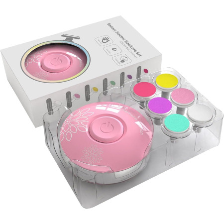 Set Pila Electrica cu Baterie, Cyrax, pentru Copii si Bebelusi, din ABS, 6 Accesorii, Model cu Flori, 6.5 x 1.8 cm, Roz