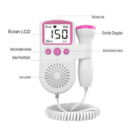 Monitor Fetal Doppler, Cyrax, Monitorizare Sarcina, Ritm Cardiac, Ecran LCD 4.5 cm, 2 x Baterii AA (neincluse), Portabil, din ABS, 12.8 x 9.6 x 3 cm, Utilizare de la 9 Saptamani, Roz
