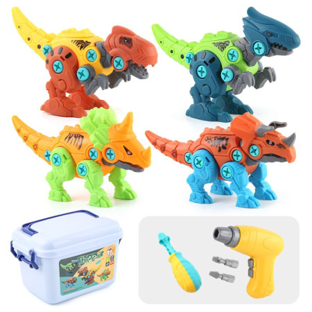 Set de Constructie/Asamblare, Cyrax, 4 Dinozauri, cu Bormasina Electrica, Baterii 2 x AA, Surubelnita si Cutie Depozitare, 22.5 x 14.5 x 15 cm, Multicolor