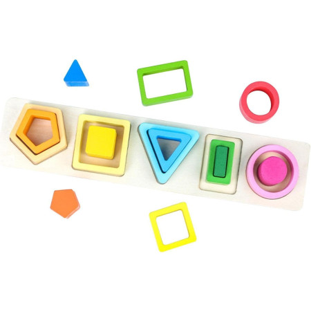 Jucarie Montessori din Lemn, Cyrax, Tip Puzzle, cu 5 Forme Asimetrice, 15 Piese, Educativa, Interactiva, Creativa, Model Forme Geometrice, Materiale Non Toxice, +2 Ani, 29x6.5 cm, Multicolor