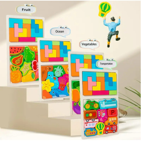 Puzzle Montessori din Lemn pentru Copii, Cyrax, Tip Tetris 2in1, +3 Ani, cu Masini Colorate 3D, Educativ, Intuitiv, Creativ, 21 de Piese, 28.5x17x1.2 cm, Multicolor