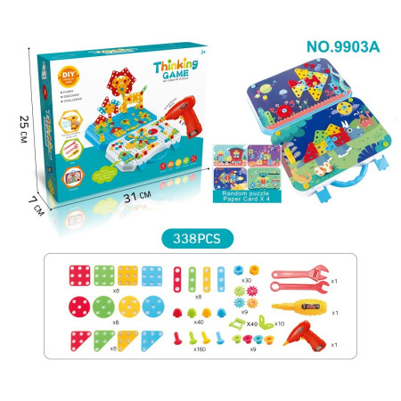 Jucarie Educativa Si Interactiva, Cyrax, Set De Constructie Puzzle Din ABS Cu Bormasina Pentru Dezvoltatea Creativitatii Si A Indemanarii 2D si 3D, Valiza, +3, 31x7x25 cm, 338 Piese