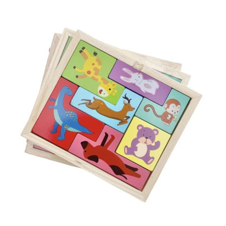 Puzzle din Lemn Cyrax, Tip Tetris, +4 Ani, cu Animale Colorate 3D, 7 Piese, Multicolor