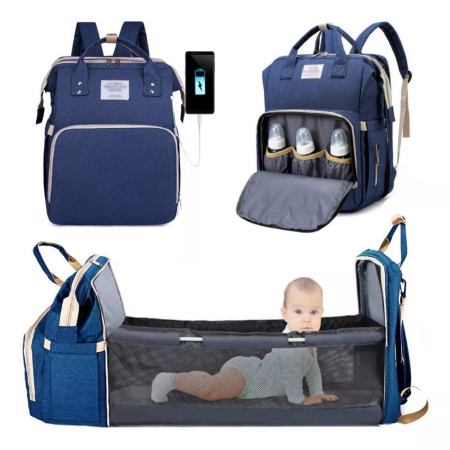 Rucsac Multifunctional pentru Mamici, Cyrax, cu Patut Pliabil si Baza de Schimbat, Rezistent la Apa, Capacitate Mare, Usor, Compartimente Multiple, Buzunar Termic pentru Lapte, 42 x 32 x 22 cm, Albastru Inchis