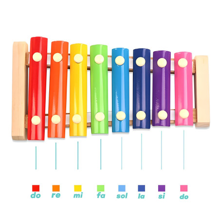 Instrument Muzical Xilofon Cyrax, din Lemn, 8 Note Muzicale, 2 Bete de Percutie, 4-6 Ani, Multicolor