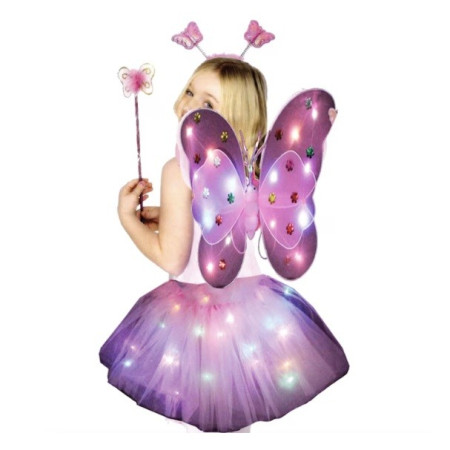 Costum Fluturas cu Aripi Modelabile Luminoase pentru Copii, Cyrax, Fusta din Tul cu Lumini, Bagheta si Bentita, 4 piese, Pentru Halloween, Roleplay, Craciun, Carnaval, Paste, Ziua Copilului, Bumbac/Poliester, Marime universala, Curcubeu