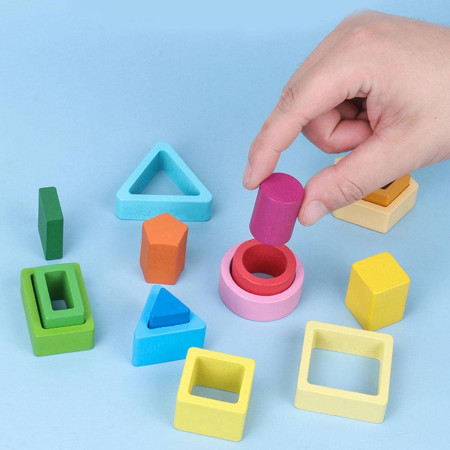 Jucarie Montessori din Lemn, Cyrax, Tip Puzzle, cu 5 Forme Asimetrice, 15 Piese, Educativa, Interactiva, Creativa, Model Forme Geometrice, Materiale Non Toxice, +2 Ani, 29x6.5 cm, Multicolor