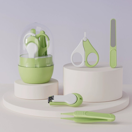 Set 4in1 de Ingrijire Unghii pentru Bebelusi, Cyrax, Cutie de Depozitare Tip Borcan, 0-6 Ani, 10 x 7 x 6 cm, Verde
