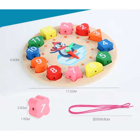 Jucarie Educativa Cyrax, Tip Montessori, Model Ceas Pinguin, din Lemn, + 36 Luni, 12 Piese, 17.2 cm, Multicolor