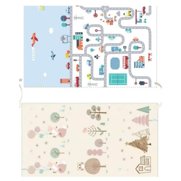 Covoras de Joaca pentru Copii Termic cu 2 Fete, Cyrax, Model Vulpi si Pista de Masini, cu Spuma, Impermeabil, Antiderapant, 200cm x 180cm x 0.8cm