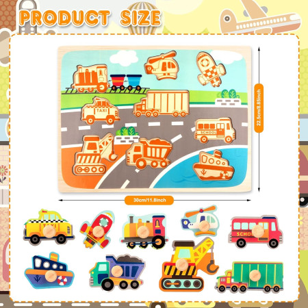 Puzzle Montessori din Lemn pentru Copii, Cyrax, 0-3 Ani, 3D, Model Transporturi, Educativ, Intuitiv, Creativ, 9 Piese, 30x22.5x0.8 cm, Multicolor