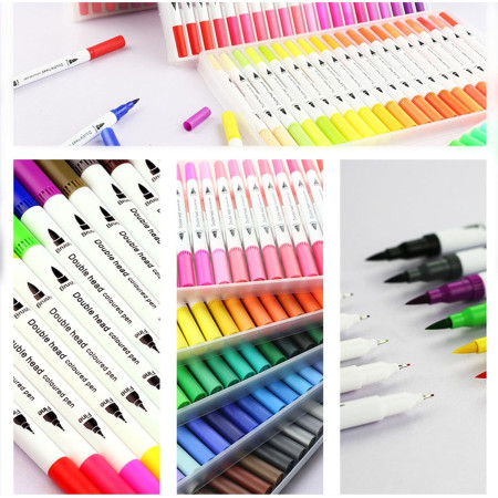 Set Carioci pe Baza de Apa, Cyrax, 2 in 1, pentru Pictura, Caligrafie, 60 Culori, Penar Negru, Corp Carioca Alb, 26.5 x 17.5 x 4.5 cm, Multicolor