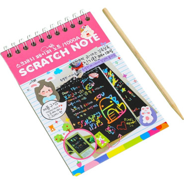 Caiet cu fise razuibile Cyrax, DIY Magic Scratch, 12 File, Curcubeu, Creion din Lemn, Cartonase negre, 14.2 x 9.8 cm, Roz deschis