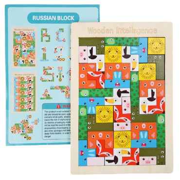 Puzzle din Lemn Cyrax, Tip Tetris, +4 Ani, cu Animale Colorate 3D, 40 Piese, Multicolor