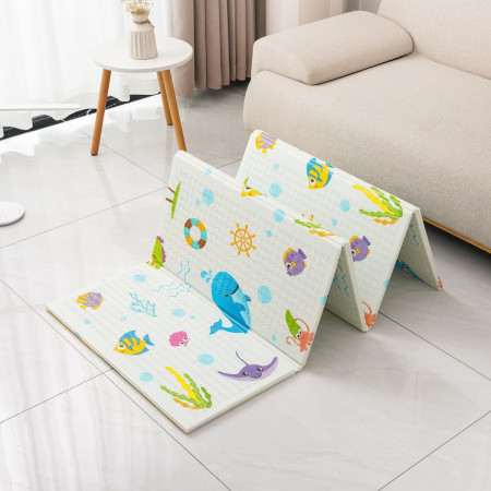Covoras pentru Copii, Cyrax, cu 2 Fete, Model Animale Marine/Exotice, din XPE+PE, Impermeabil, Antiderapant, Protectie Termica, +3 Luni, Pliabil, 180 x 200 x 1.5 cm, Multicolor