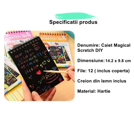 Caiet cu fise razuibile Cyrax, DIY Magic Scratch, 12 File, Curcubeu, Creion din Lemn, Cartonase negre, 14.2 x 9.8 cm, Portocaliu
