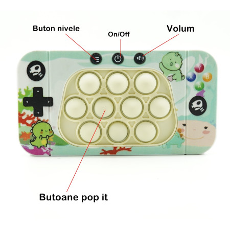 Jucarie interactiva tip consola pentru copii Cyrax, speed push whack-a-mole, joc de viteza pop it, material ABS/silicon, cu nivele, sunete si lumini, 15.5 x 7.6 x 5.3 cm, model dinozaur, verde