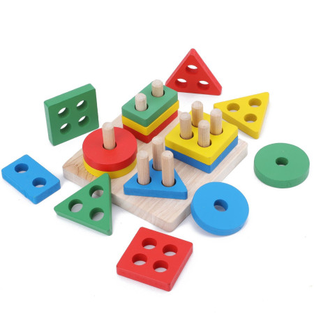 Jucarie Educativa Cyrax, Tip Montessori, din Lemn, + 36 Luni, Forme Geometrice, 16 Piese, 12 x 12 cm, Multicolor