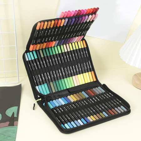 Set Carioci pe Baza de Apa, Cyrax, 2 in 1, pentru Pictura, Caligrafie, 100 Culori, Penar Negru, Corp Carioca Negru, 23.5 x 19.5 x 7.5 cm, Multicolor