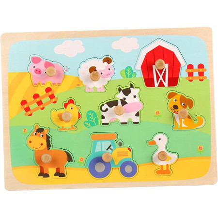 Puzzle Montessori din Lemn pentru Copii, Cyrax, 3D, 0-3 Ani, Model Ferma, Educativ, Intuitiv, Creativ, 9 Piese, 30x22.5x0.8 cm, Multicolor
