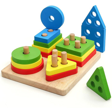 Jucarie Educativa Cyrax, Tip Montessori, din Lemn, + 36 Luni, Forme Geometrice, 16 Piese, 12 x 12 cm, Multicolor