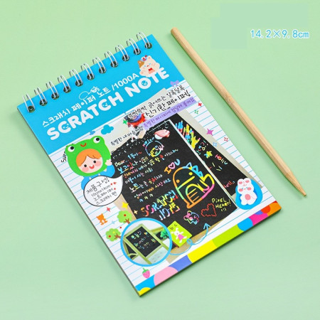 Caiet cu fise razuibile Cyrax, DIY Magic Scratch, 12 File, Curcubeu, Creion din Lemn, Cartonase negre, 14.2 x 9.8 cm, Baby Blue