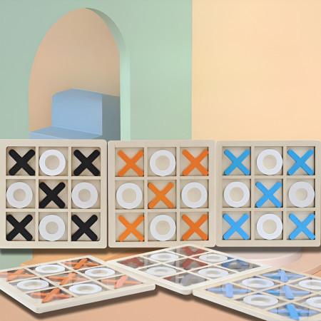 Jucarie Montessori Tic Tac Toe, Cyrax, Educativa, Interactiva, din lemn, X si O, 9 Piese, 14.3x14.3 cm, Albastru Alb