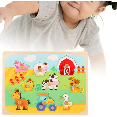 Puzzle Montessori din Lemn pentru Copii, Cyrax, 3D, 0-3 Ani, Model Ferma, Educativ, Intuitiv, Creativ, 9 Piese, 30x22.5x0.8 cm, Multicolor