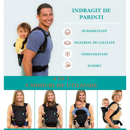 Marsupiu Ergonomic Cyrax, 4 in 1, Multifunctional, 4 Pozitii, 6-36 Luni, 3.5kg - 15 kg, Negru