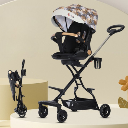 Carucior Sport Cyrax 3in1, 6-36 Luni, Reversibil, Pliabil, Tavita pentru Masa, Pozitie de Somn, Centura de Siguranta, Roti 360, Suport Pahar, Copertina pentru Soare, 32x63x95cm, Maro Model Carouri
