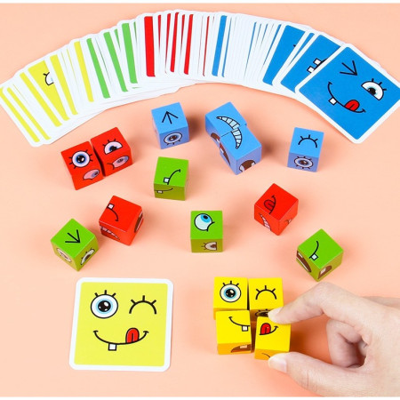 Jucarie pentru copii montessori Cyrax, cub din lemn, asamblare fete, 64 de carti distractive, pentru baieti si fete, varsta +3 ani, educativ, multicolor