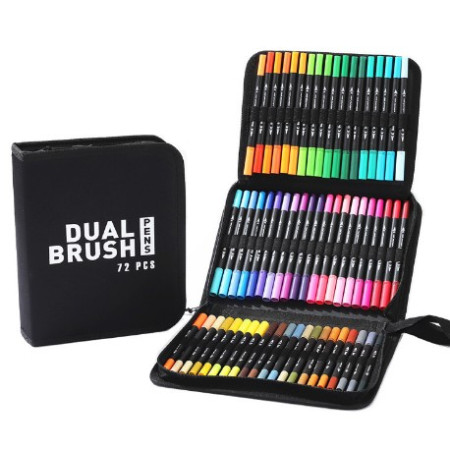 Set Carioci pe Baza de Apa, Cyrax, 2 in 1, pentru Pictura, Caligrafie, 72 Culori, Penar Negru, Corp Carioca Negru, 24.5 x 18.5 x 5 cm, Multicolor
