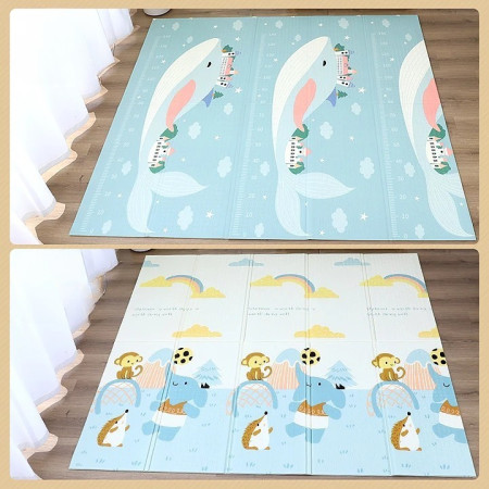 Covoras pentru Copii, Cyrax, cu 2 Fete, Model Balene/Iepurasi, din XPE+PE, Impermeabil, Antiderapant, Protectie Termica, +3 Luni, Pliabil, 150 x 200 x 1.5 cm, Multicolor