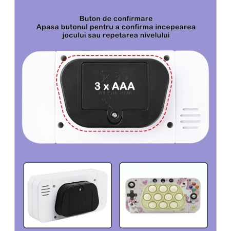 Jucarie interactiva tip consola pentru copii Cyrax, speed push whack-a-mole, joc de viteza pop it, material ABS/silicon, cu nivele, sunete si lumini, 15.5 x 7.6 x 5.3 cm, model unicorn, roz