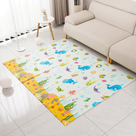 Covoras pentru Copii, Cyrax, cu 2 Fete, Model Animale Marine/Exotice, din XPE+PE, Impermeabil, Antiderapant, Protectie Termica, +3 Luni, Pliabil, 150 x 200 x 1.5 cm, Multicolor