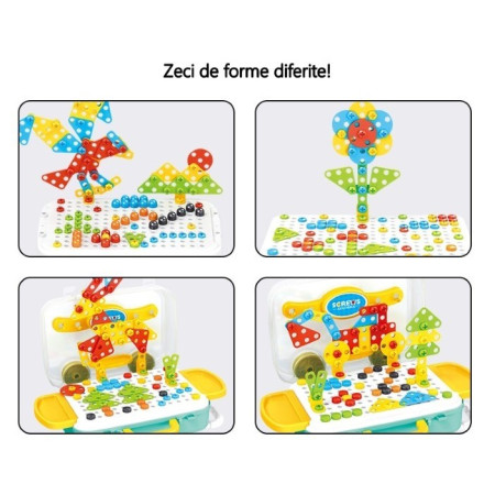 Jucarie educativa pentru copii, Cyrax, Set 258 piese, 6 in 1, Valiza cu bormasina, Multicolor