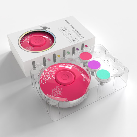 Set Pila Electrica pentru Copii si Bebelusi, Cyrax, ABS, Incarcare USB, Model cu Flori, 6 Accesorii, cu Lumina LED, Fucsia