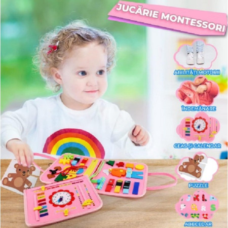 Carte Senzoriala Educativa Montessori, Cyrax, Dezvoltare Abilitati Motorii, 3 Pagini, Model Sirena si Alfabet, 28x25x4 cm, Roz