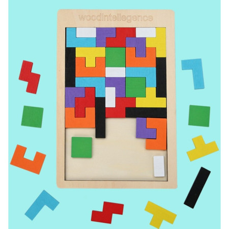 Puzzle Montessori, Cyrax, din Lemn, Tip Tetris, +36 Luni, Forme Neregulate, 40 Piese, 26.5 x 17.7 cm, Multicolor