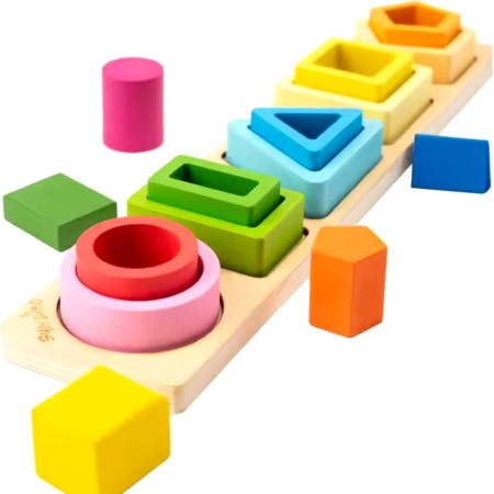 Jucarie Montessori din Lemn, Cyrax, Tip Puzzle, cu 5 Forme Asimetrice, 15 Piese, Educativa, Interactiva, Creativa, Model Forme Geometrice, Materiale Non Toxice, +2 Ani, 29x6.5 cm, Multicolor