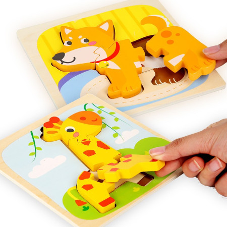 Puzzle Montessori din Lemn pentru Copii, Cyrax, 3D, 0-3 Ani, Model Catel, Educativ, Intuitiv, Creativ, 3 Piese, 15x15x0.5 cm, Multicolor