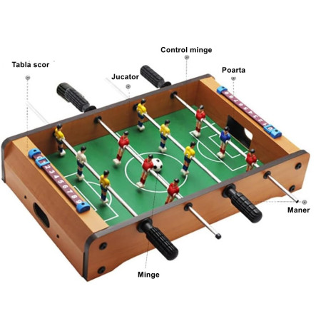 Masa de fotbal cu teren si 12 jucatori Cyrax, cu tablou pentru scor, din metal, lemn si ABS, 34.5 x 23 x 7 cm, pentru copii